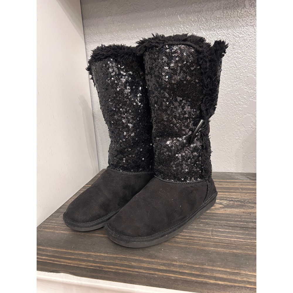 y2k Black Sequin Fur Boots Youth size 4